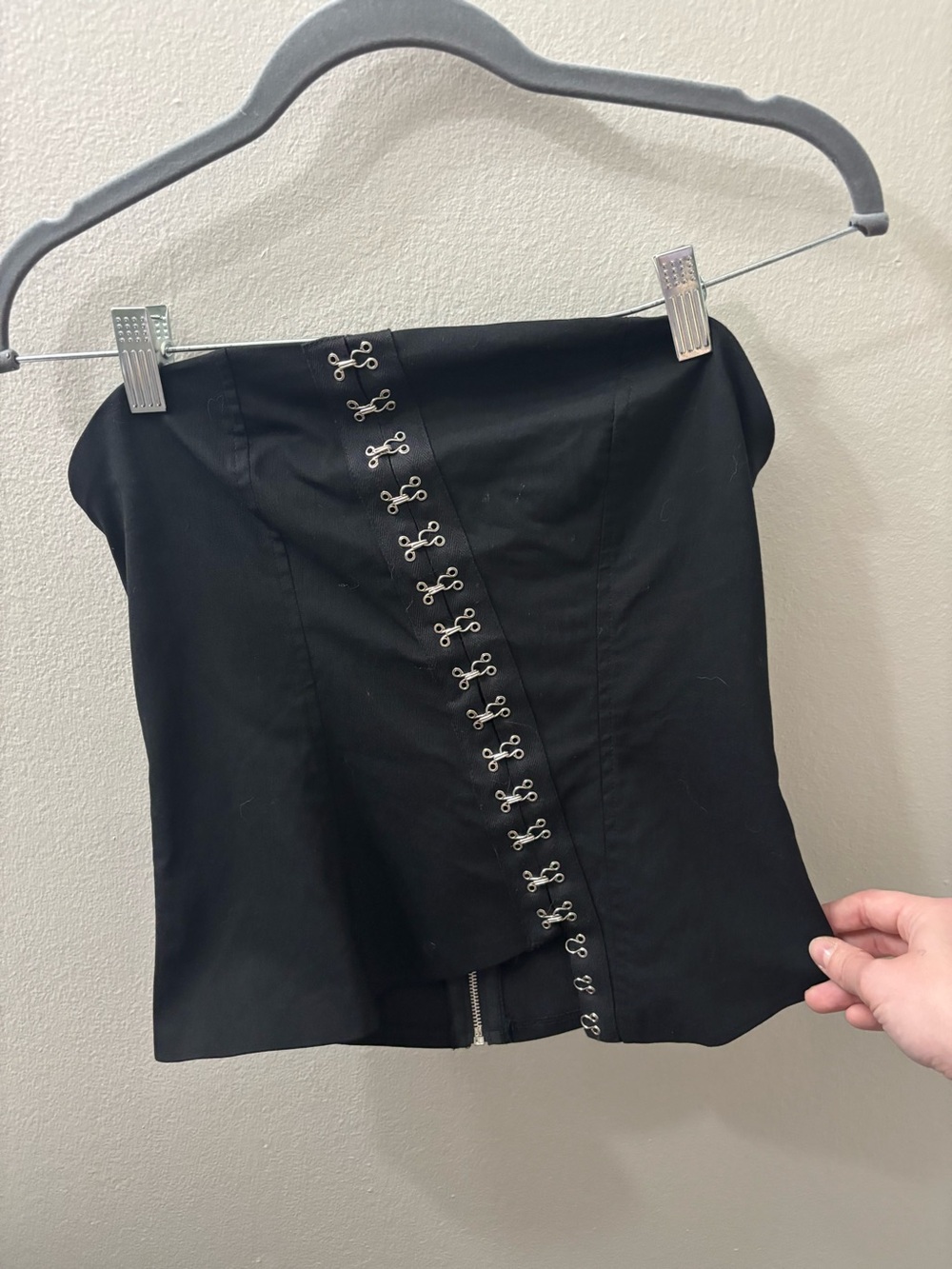 Say What? Black Strapless Mini Asymmetrical Top with Hook-and-Eye Front